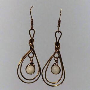 Handmade Gold Wire Teardrop Dangle Earrings with White Stone Accent
